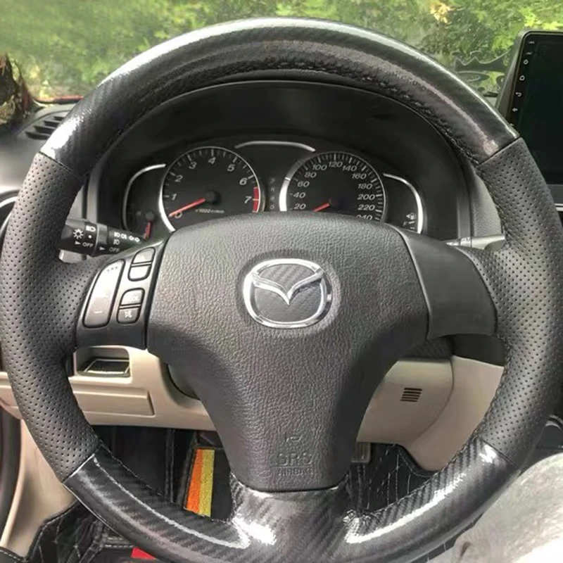 

Hand Sewing Car Steering Wheel Cover for Mazda 3 Axela 5-6 Atenza MPV Pentium B70 Genuine Leather Carbon Fiber Car Accessories
