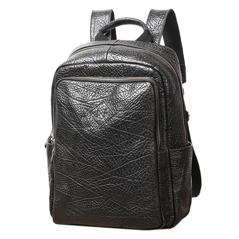 

Nesitu High Quality A4 Black Thick Bark Pattern Genuine Leather Men Women Backpack Cowhide Travel Bag M38001