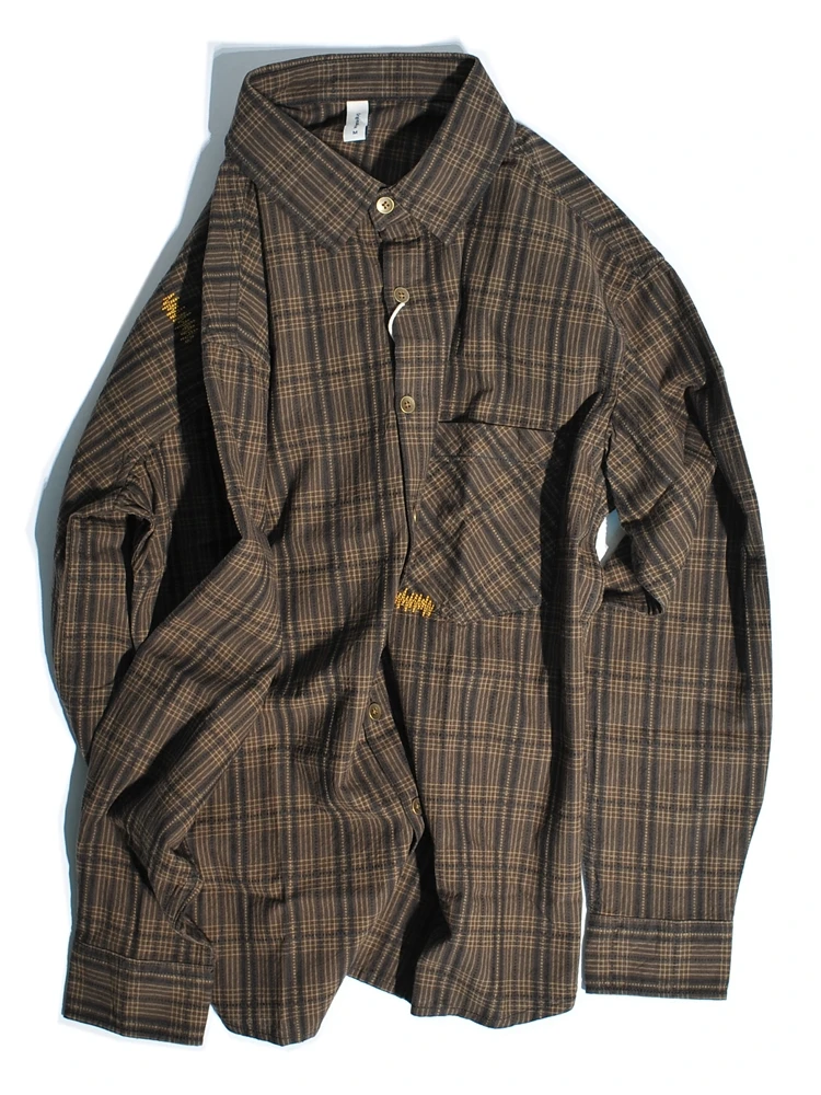 

Мужская повседневная хлопковая рубашка в клетку с длинным рукавом, весенняя, в винтажном японском стиле, с художественным маленьким воротником, дышащая, в стиле рабочей одежды