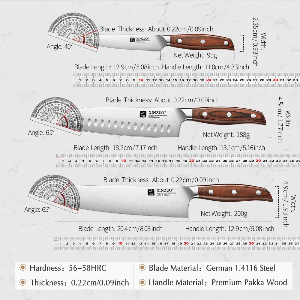 XINZUO 1PC-3PC German1.4116 Steel Knife Set Professional Utility Santoku Bunka Chef German Steel 15° Edge Pakka Wood