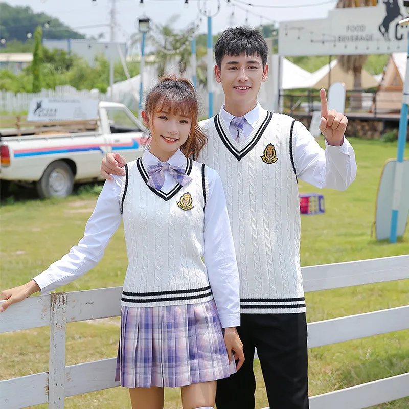 C046 Middle School Students Uniform Korean Version of British College Jk Skirt Cotton Knitted Vest Suit