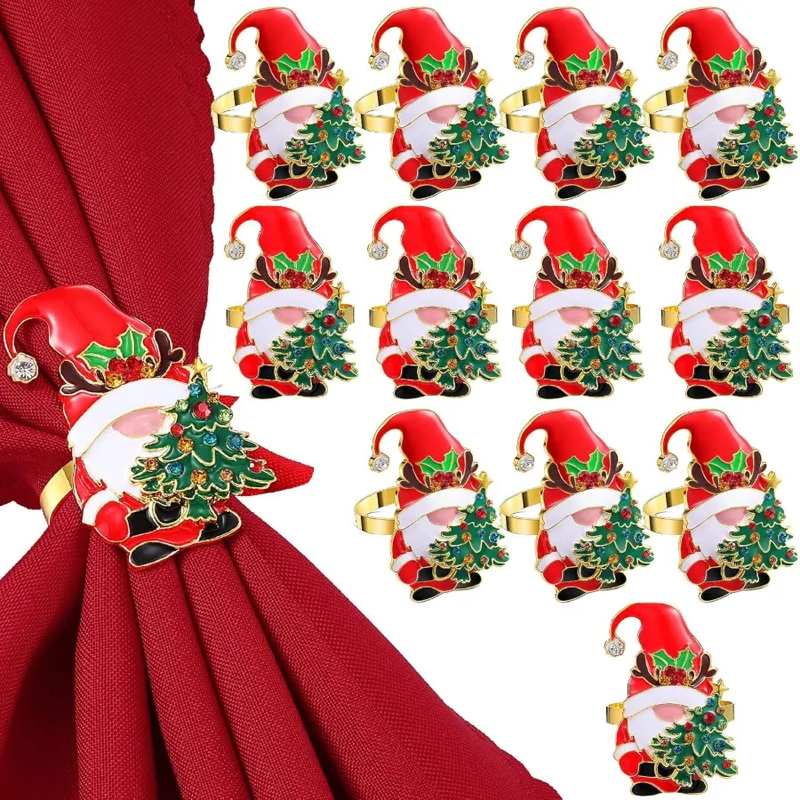 

6 шт. Веселые рождественские кольца для салфеток, держатели для салфеток в виде гнома, золотые и красные металлические рождественские кольца со стразами и буквами на Рождество Din