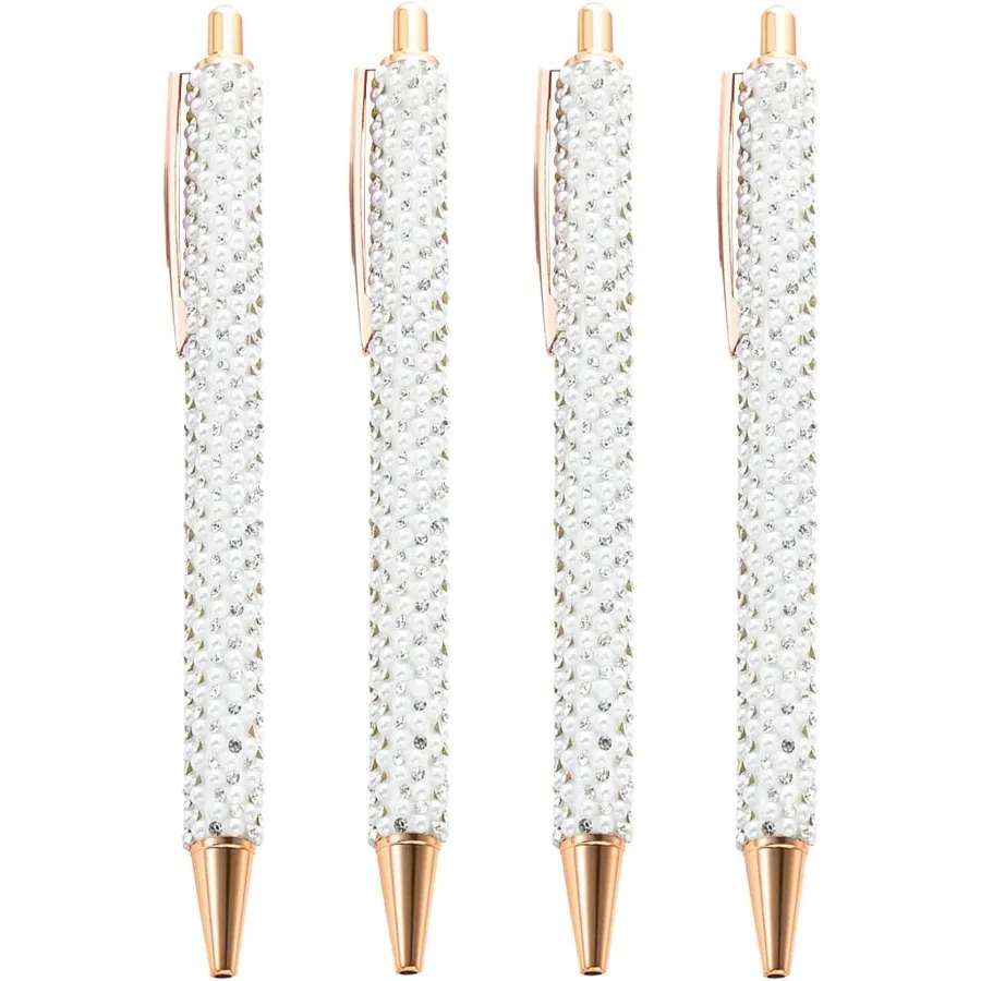 

4 шт. ручки с белым жемчугом, металлические шариковые ручки со стразами, блестящие хрустальные ручки, черные чернила для женщин и девочек, офисные школьные принадлежности