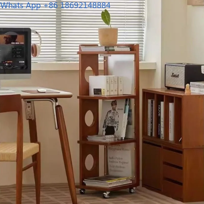 

Movable Solid Wood Vintage Style Living Room Corner Shelf Corner Storage Rack Bookshelf Rotating Bookshelf