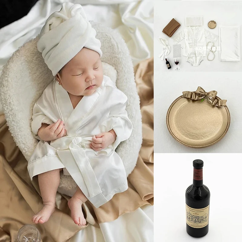 Newborn Photography Accessories Infant Socialite Style Bathrobe Pajamas Outfit Vintage Tray Decoration Baby Photo Shooting Props