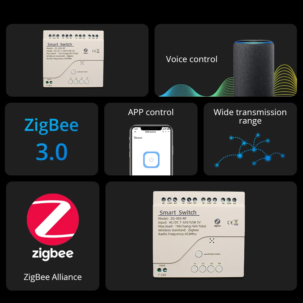 Zigbee-Wifiスマートホームコントローラー,RFモーターモジュールスイッチ,1, 2, 4ウェイ,Alexa, Google Home, 7-32v,110v,130v,220v 433MHz