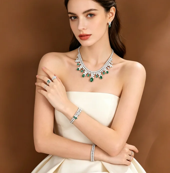 Luxury Emerald Cubic Zircon 4Pcs Jewelry Set Silver Plated Women Bridal Necklace Earring Ring Bracelet Wedding  Accessories Gift