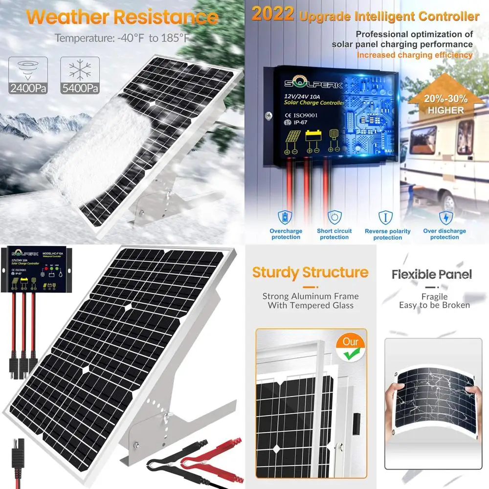 

12V Monocrystalline Solar Panel Kit with Waterproof Controller and Adjustable Mount for Car, RV, Motorcycle, Marine, and Camping