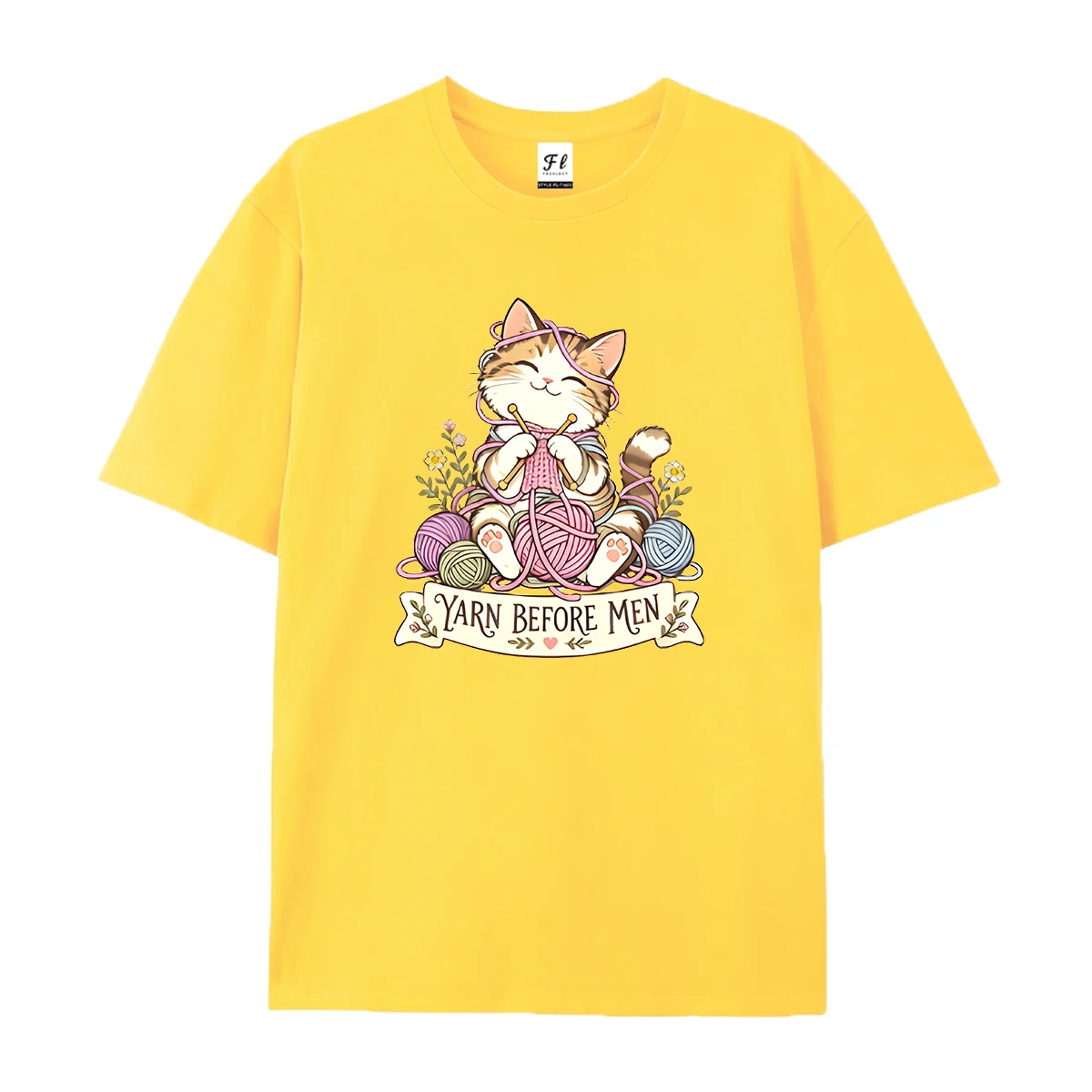 Women Knitting Cat Graphic Tee Round Neck Short Sleeve Tops Handmade Craft Lover Casual Soft Loose Summer Daily Wear T Shirts