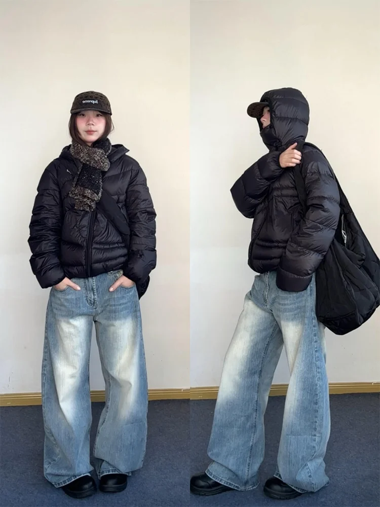 

plus Size Vintage Blue Bamboo Pattern Denim Pants Women's Autumn Winter Loose Slimming Casual Versatile Wide Leg Jeans