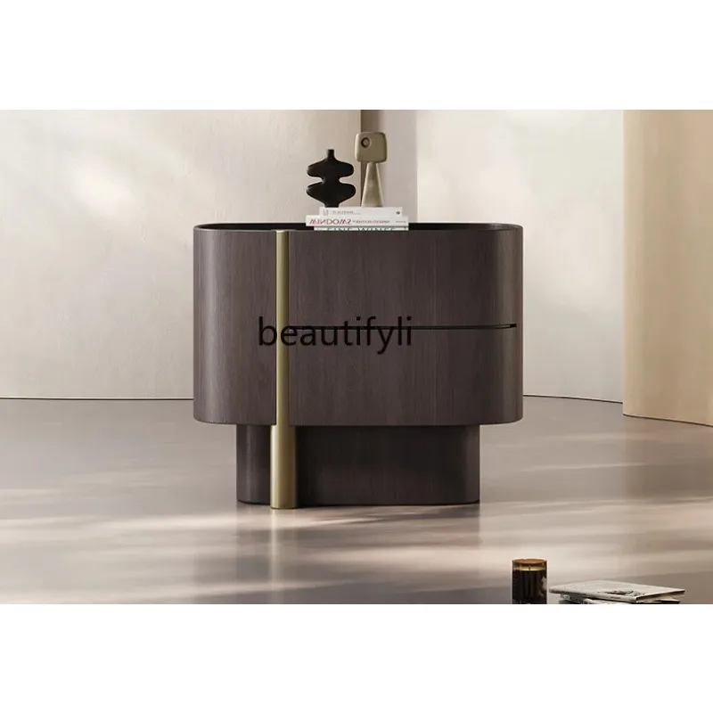 B73 Italian Minimalist Solid Wood Bedside Table Simple Modern Smoky Color Bedside Storage Cabinet Wabi-Sabi High-End Bedroom