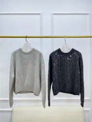 Maglione pullover in misto lana mohair con paillettes da donna, top casual a maniche lunghe ampio, squisito, nuovo