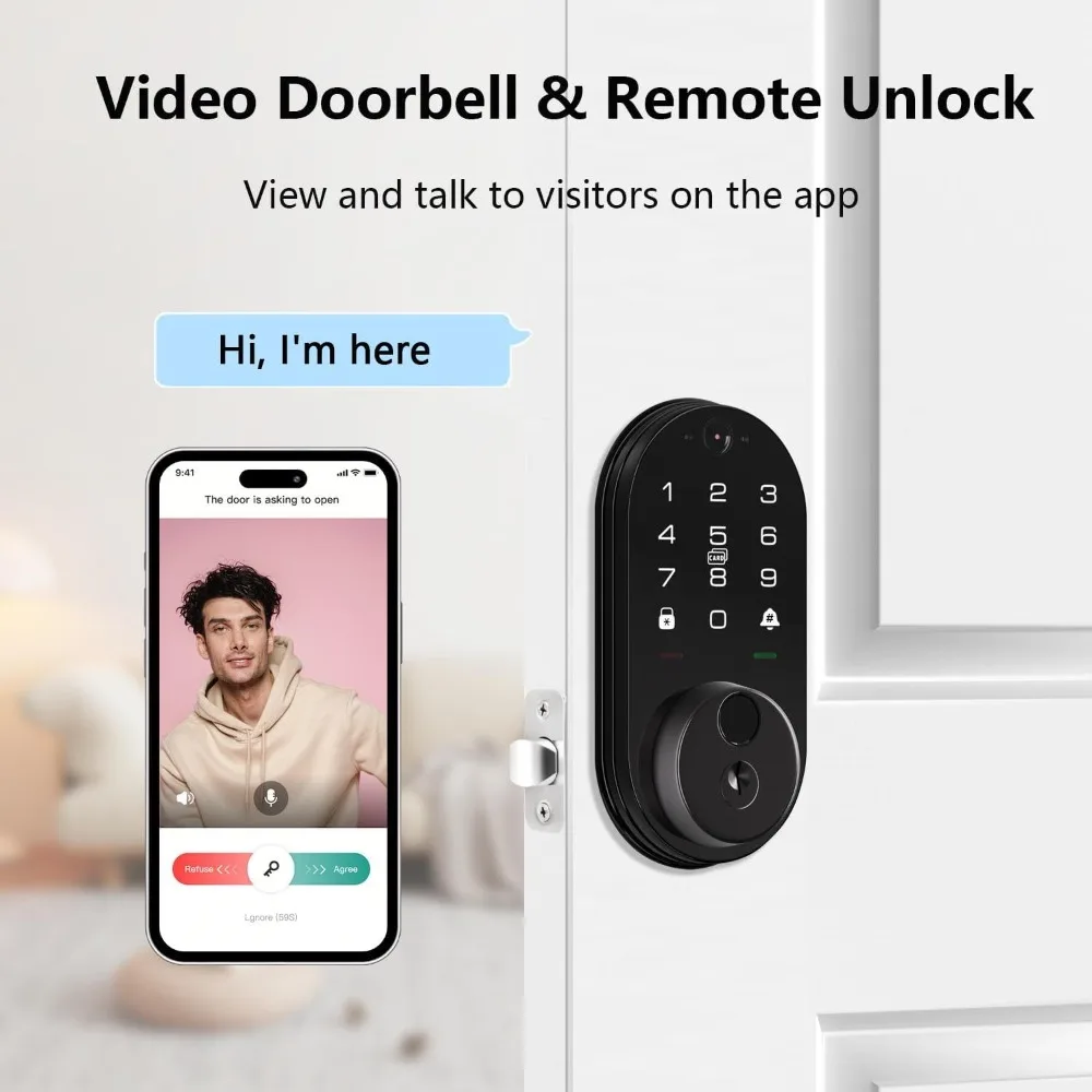 Fingerprint Smart Lock with Camera, Keyless Entry Door Lock for Front Door, Video Smart Deadbolt with Doorbell, Built-in 2.4GHz