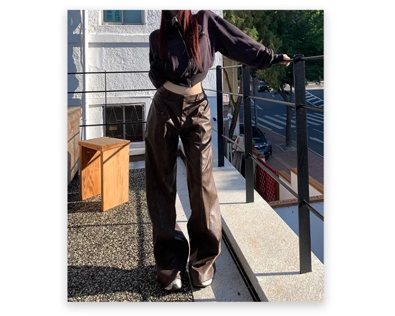 Lautaro Spring Long Loose Casual Soft Distressed Brown Pu Leather Wide Leg Pants for Women High Waist Korean Style Fashion 2024