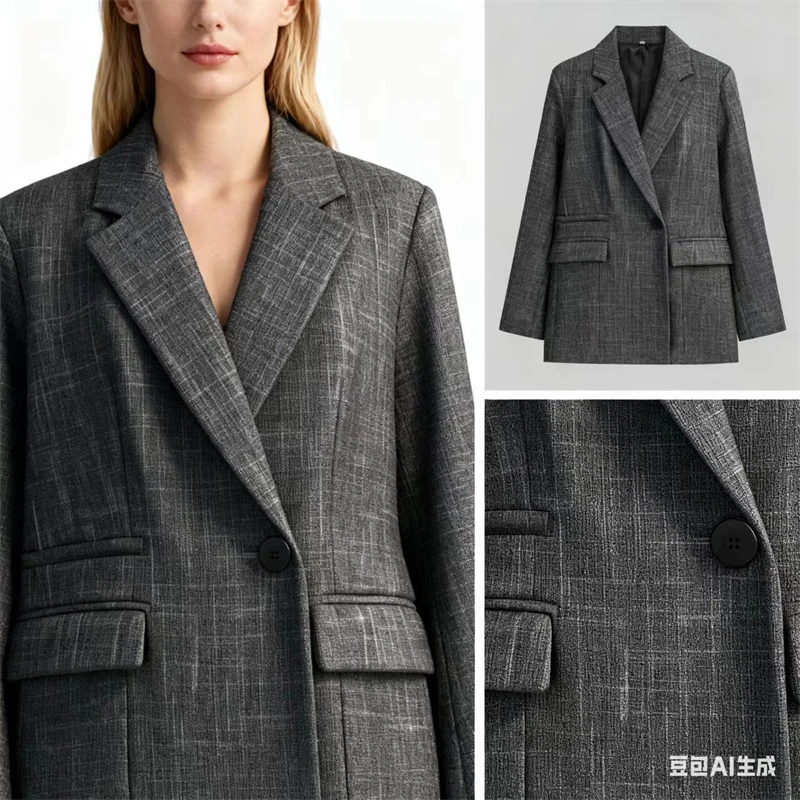 

Women's Gray Tweed Blazer - Oversized Single Button Lapel Suit Jacket for Office & Casual Chic