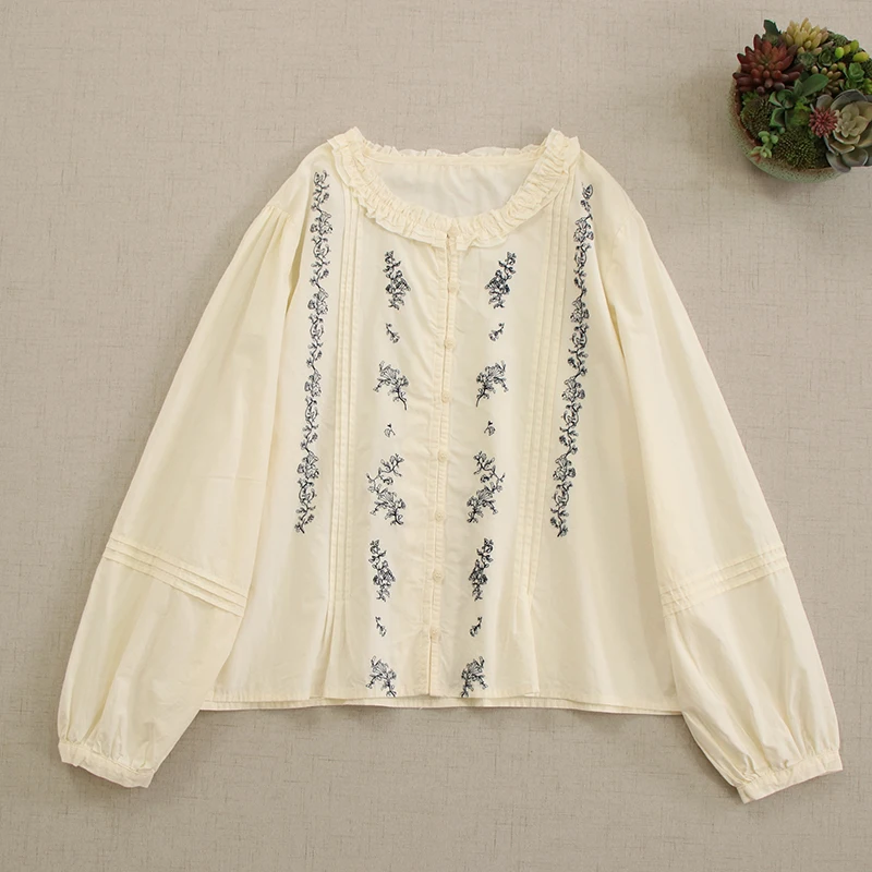 Mori Girl Sweet Embroidery Cotton Shirt Women Spring New O-Neck Long Sleeve Single Breasted Casual Loose Blouse Tops
