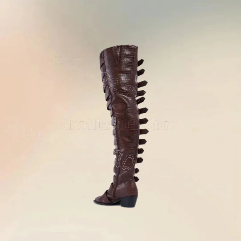 

Brown Alligator Print Pointed Toe Buckle Boots Side Zipper Women Shoes Chunky High Heels Party Banquet 2026 Zapatos Para Mujere