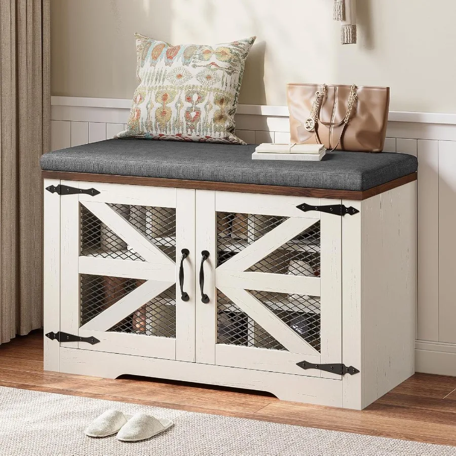 Farmhouse Storage Bench with Cushion Metal and Wood Shoe Rack Organizer Adjustable Shelf Shoe Cabinet with Half Hidden Storage