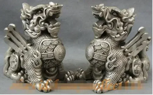 YM  306  Chinese Silver Temple Guard Exorcise Evil Spirits Dragon Kylin Lion Statue Pair