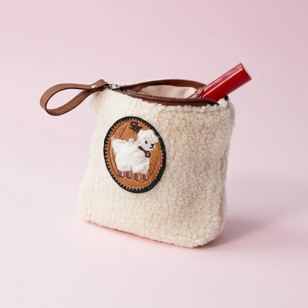 Fluffy Sheep Coin Purse Keychain Mini Wallet With Embroidery Design For Girls