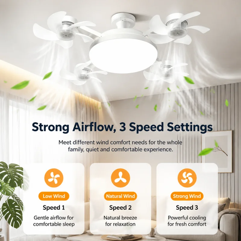 Smart Ceiling Fan with Light, Remote Control E27 LED Fan Lamp, 3 Wind Speeds, 3 Color Modes, Dimmable Lighting, Timer Function