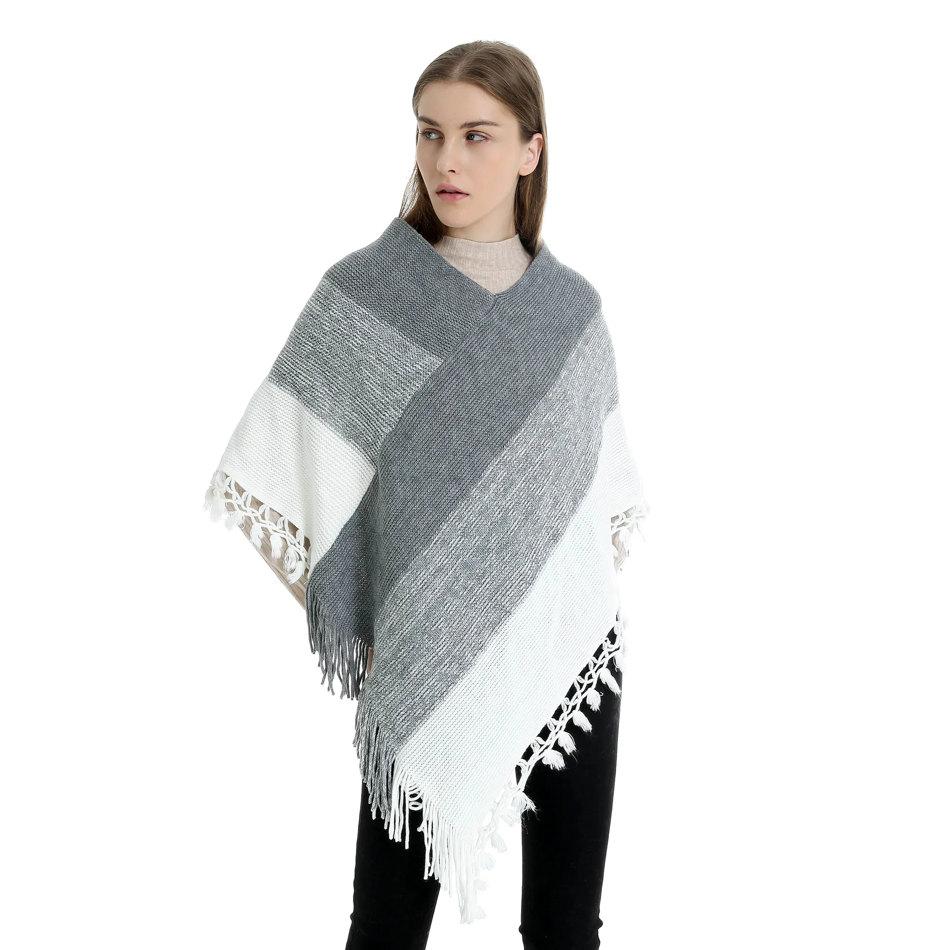 Vrouwen Lente Herfst Sjaal Dame Gebreide Twee Manier Wrap Gestreepte Trui Losse Leisure Trui Herfst Poncho met Kwastje Drop Ship