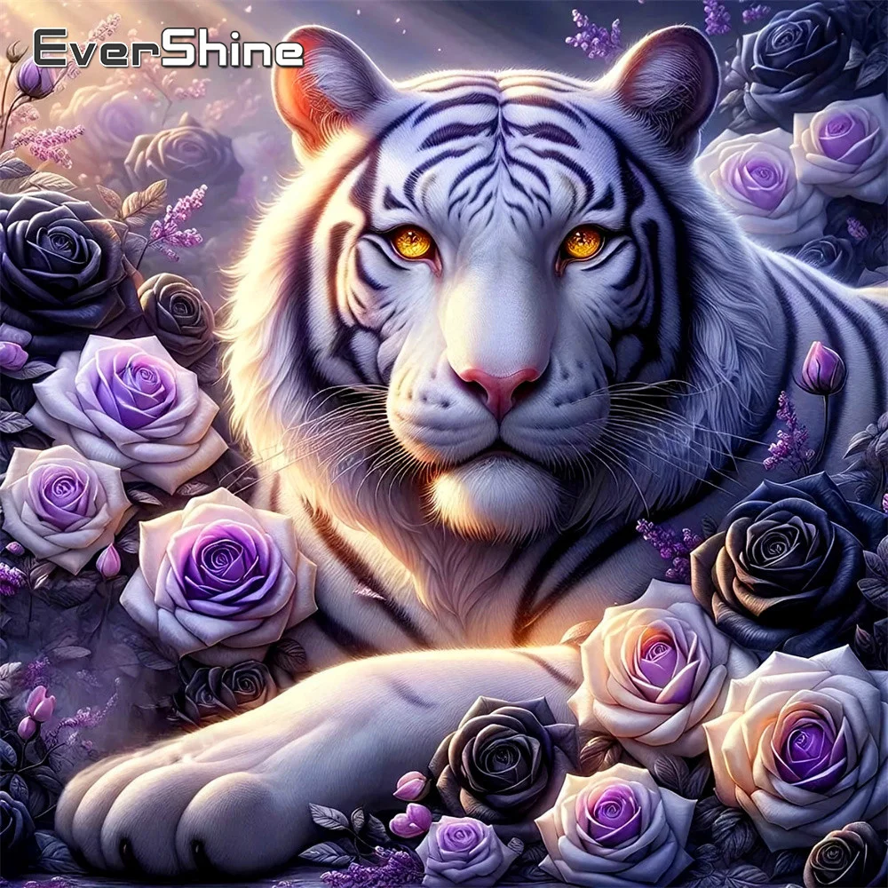 EverShine DIY Diamant-Stickerei Tier-Bastelset Malerei Tiger Bild Strass Mosaik Rose Vollflächig Heimdekoration