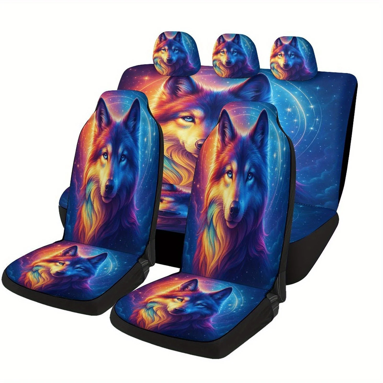 Set Of Car Seat Covers Featuring A Wolf Aura Design, Suitable For Various Vehicles. Stylish And Unique, This Complete Set Includ