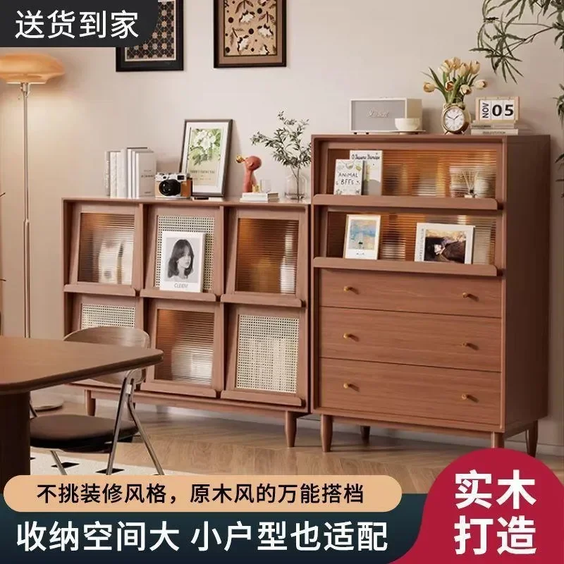 Solid Wood Dining Side Cabinet Wall Mounted Storage Chest Walnut Finish Living Room Bedroom Tea Locker Integrated Design