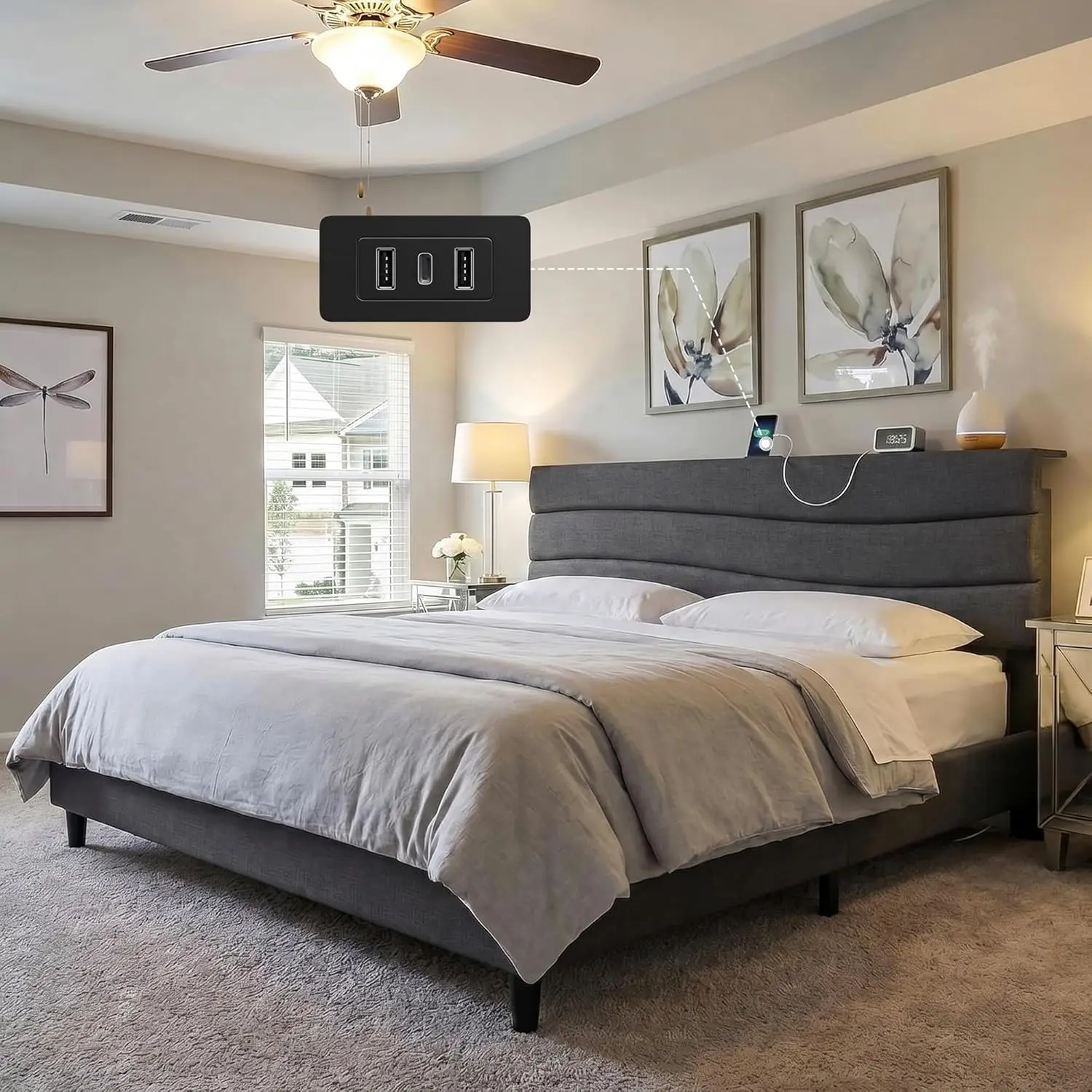 King Bed Frame Platform with Charging Stations, Upholstered Bed Frame for Bedroom, Apartment, Dorm, No Squeaky, No, Customized