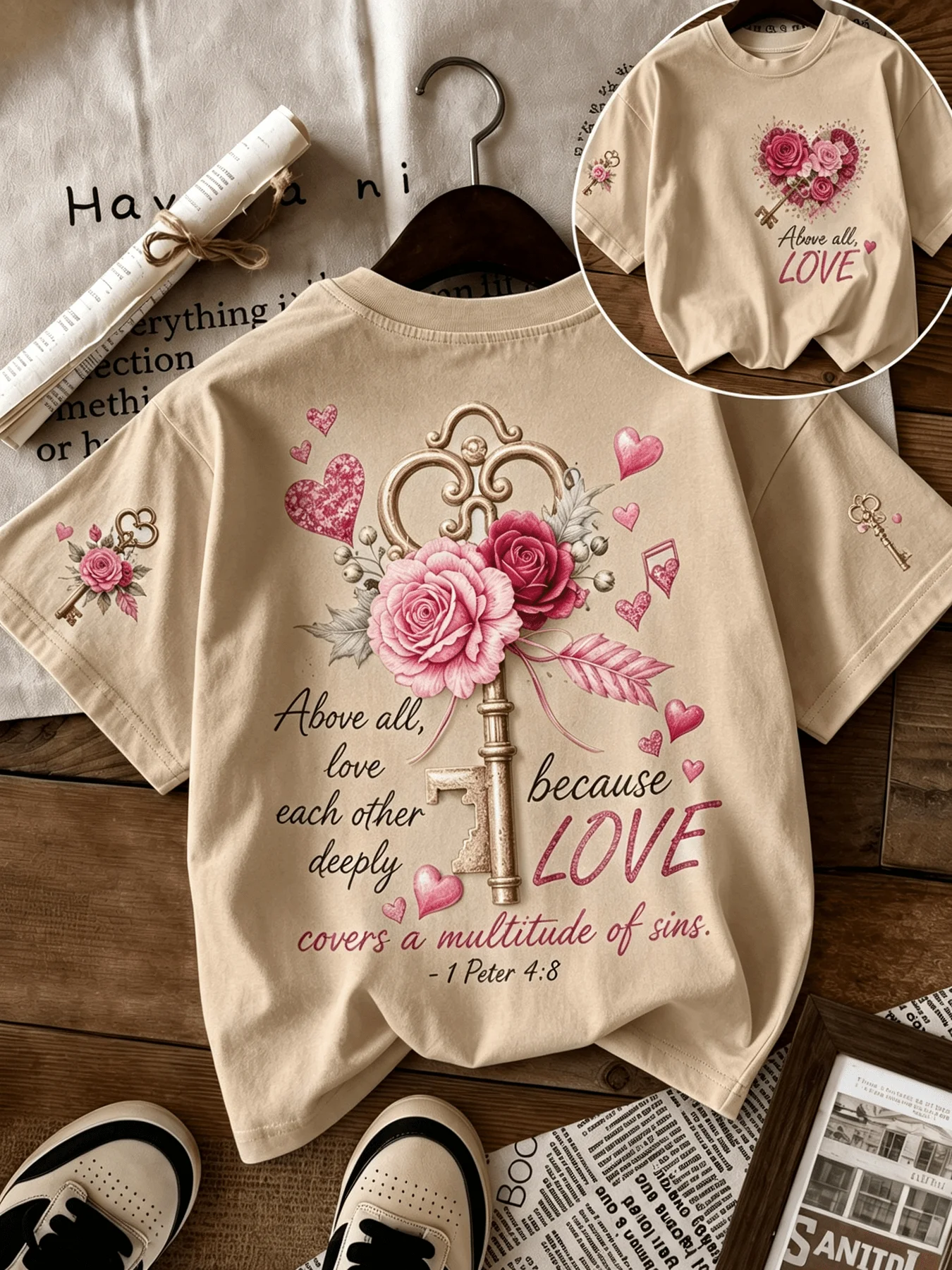 Rose Love Key Printed Women's Short Sleeved T-shirt Summer New Round Neck Loose Edition Love Letter Pattern Casual Fashion