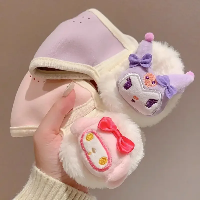 Sanrio Cute Cotton-filled Kuromi Mask with Integrated Earmuffs My Melody Warm Ear Protection Children Thickened Mask Ear Bag