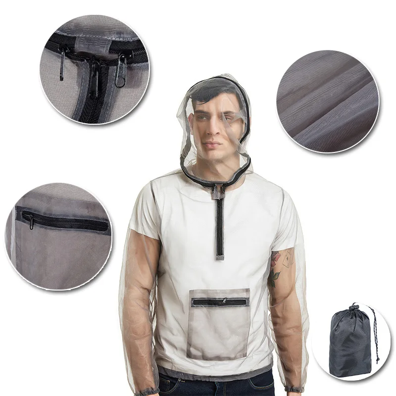 Outdoor Ultralight Mesh Hooded Jacket Anti-mosquito See Through Protective Mesh Shirt Insect Shield Camping Beekeeping Fishing