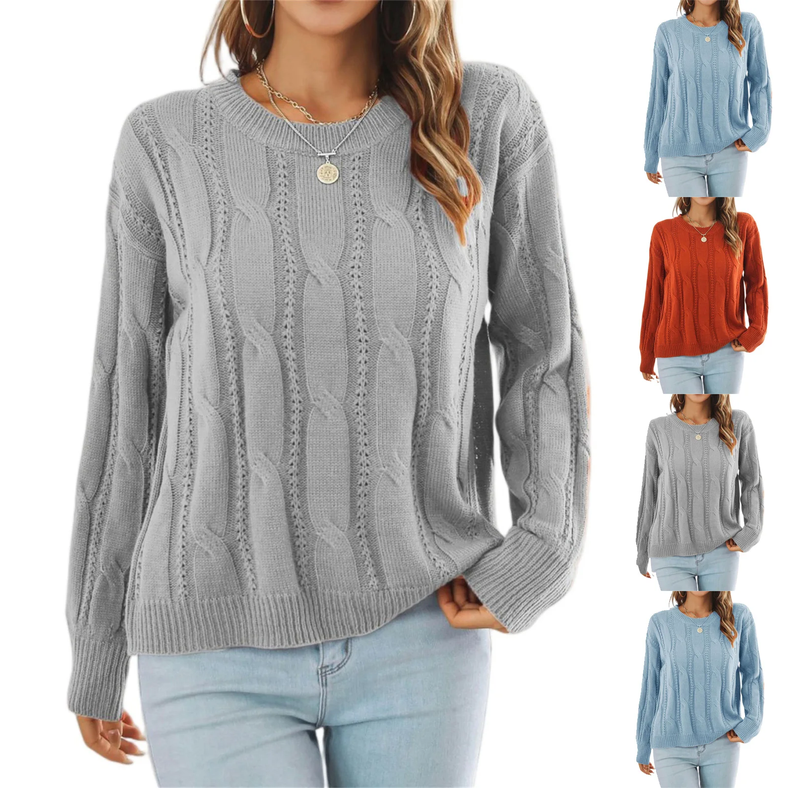 Women Cable Knit Sweater Loose Fit Solid Color Pullover Long Sleeve Casual Boho Style Soft Comfortable Autumn Winter Essential