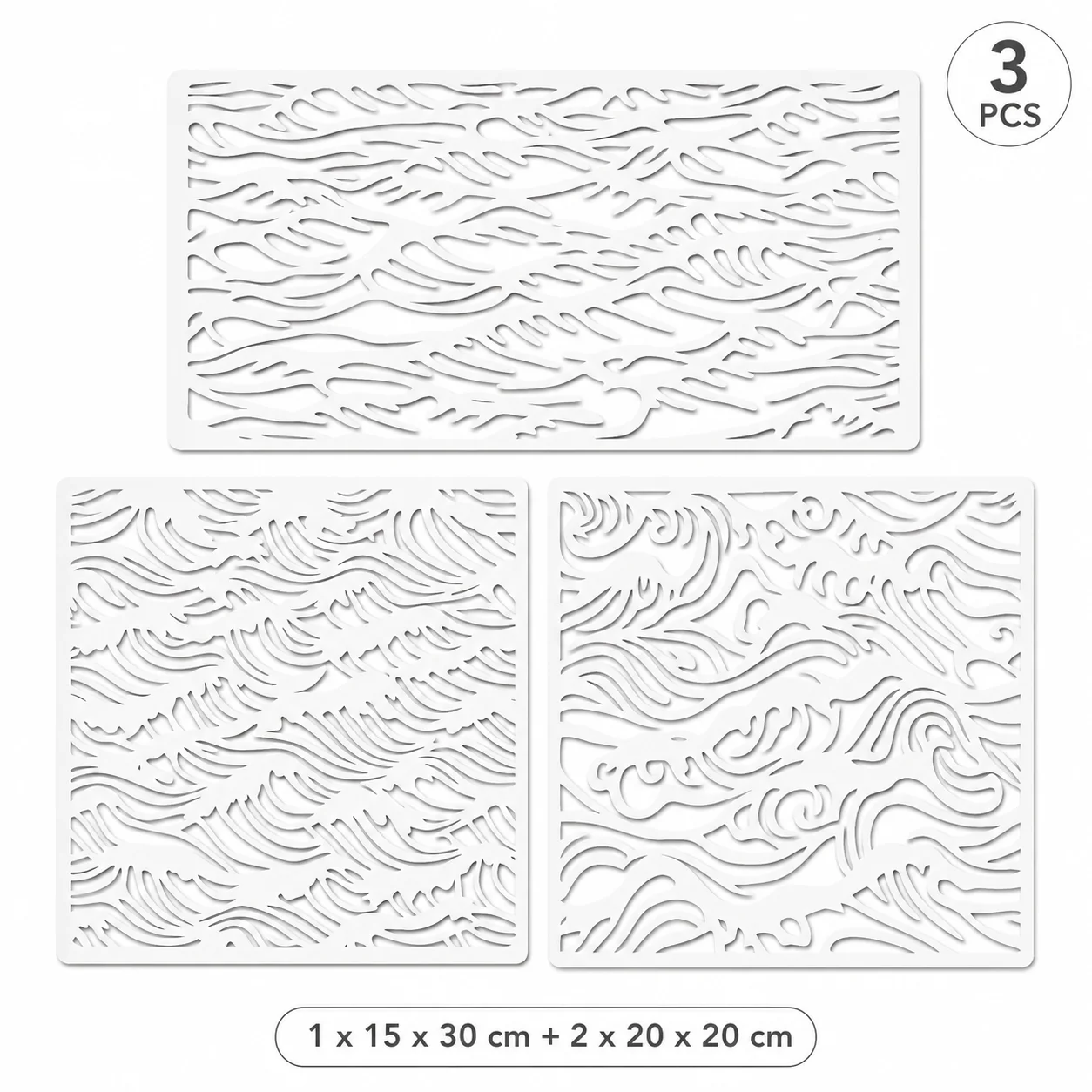 3PCS Wave Stencil Set 5.9 x 11.8 in and 7.9 x 7.9 in Reusable Painting Templates for DIY Wall Wood Fabric Decor