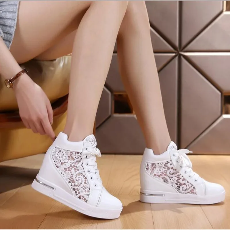 2023 New Women Wedge Platform Sneakers Rubber Leather High Heels Lace Up Shoe Height Increasing White Thick Bottom Zapatos Mujer