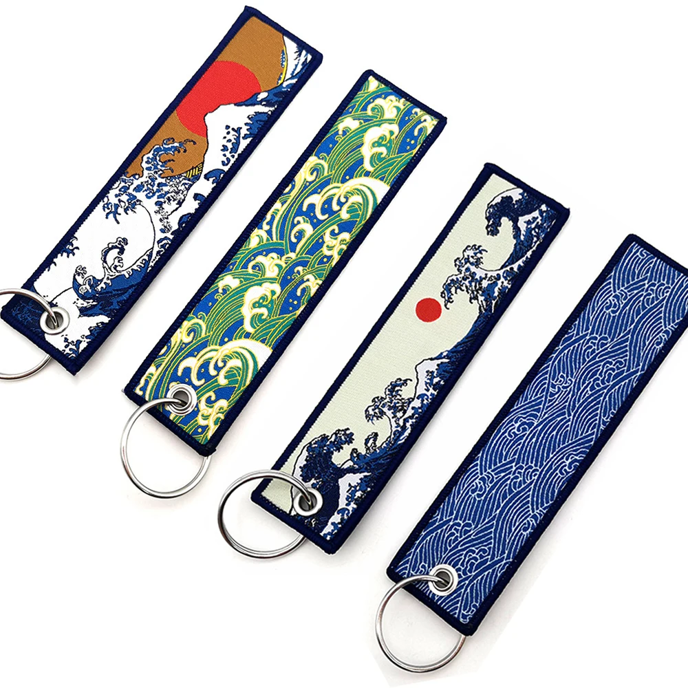 JDM Ocean Waves Fabric Double Embroidery Car Motorcycle Keychain Keyring Personality Fashion Cloth Key Tag Holder Accessories