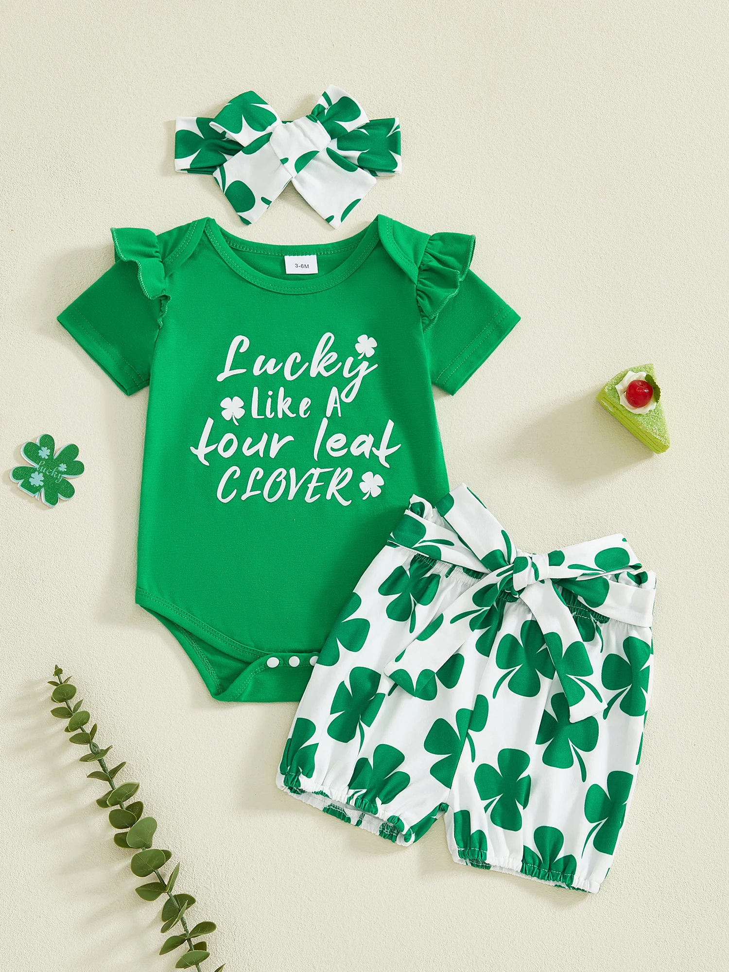 

3Pcs Baby Girl Clothes Set Crew Neck Ruffle Short Sleeve Floral Print Romper Elastic Waist Shorts and Headband Outfit for Infant