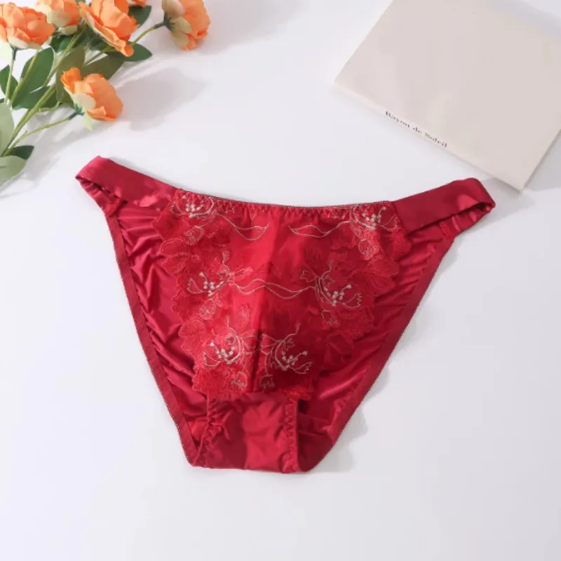 Men's Sexy Ice Silk Underwear Embroidery Breathable Comfortable Lace Side Tie Up Bikini Briefs Mid Waist Fashion Floral Panties