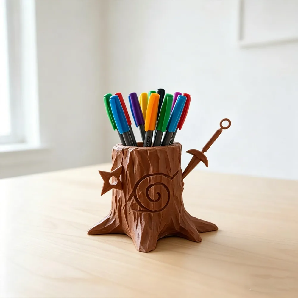 Cartoon Tree Pen Holder Kawaii Desktop Pencil Storage Stand 3D Printing False Wood Japanese Stationery Brush Rack Office Decor