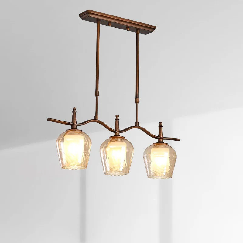 Antique Bronze Linear Chandelier 3 Light Amber Glass Shade Pendant Lamp Kitchen Island Dining Room Bar Counter Home Decor