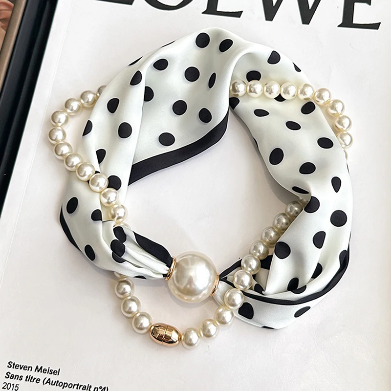 Magnetic Narrow Elegant Satins Neck Scarf Wrap With Pearls Chain Necklace And Buckle For Women Vintage Floral Silk Neckerchief image 4