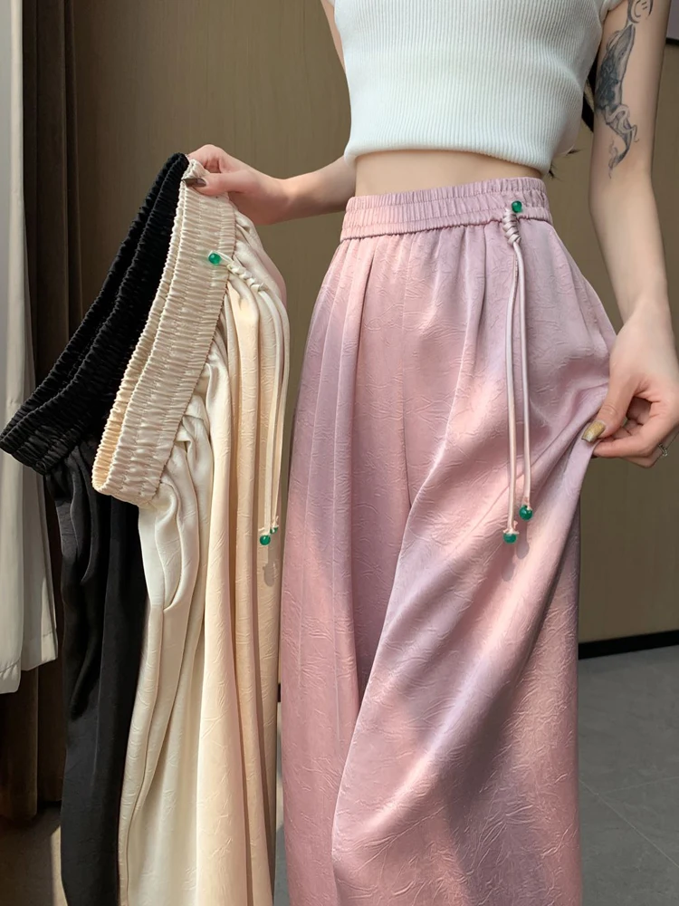 

New Chinese Style Light National Trend Button Embroidered Ice Silk Satin Women's Summer Thin Straight Loose Floor-Length Wide...