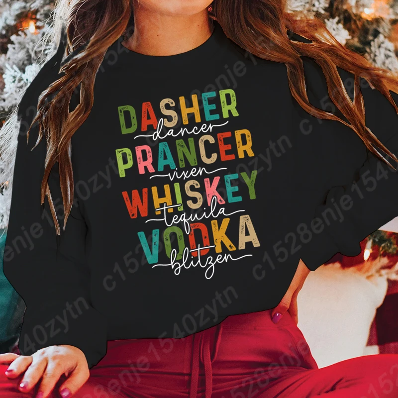 

Christmas Dasher Dancer Prancer Vixen Print Round Neck Sweatshirts Fashion Women Casual Hoodless Tops Pure Color Ladies Pullover