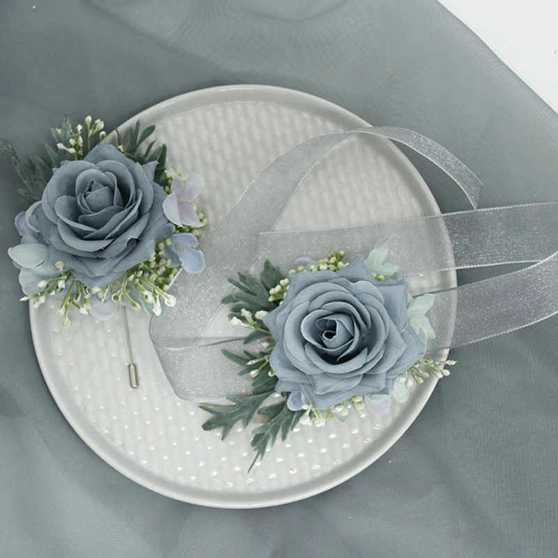 New Champagne Silk Rose Boutonniere Buttonhole Artifical Flowers Pins Wrist Corsage Bridesmaid Bracelet Wedding Accessories