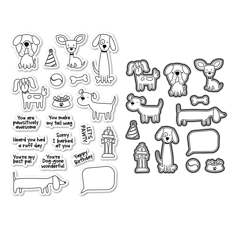 

2022 New Bow Wow Cute Dog Clear Stamps Set Scrapbooking Cutting Dies Happy Day Background Frames Card Craft