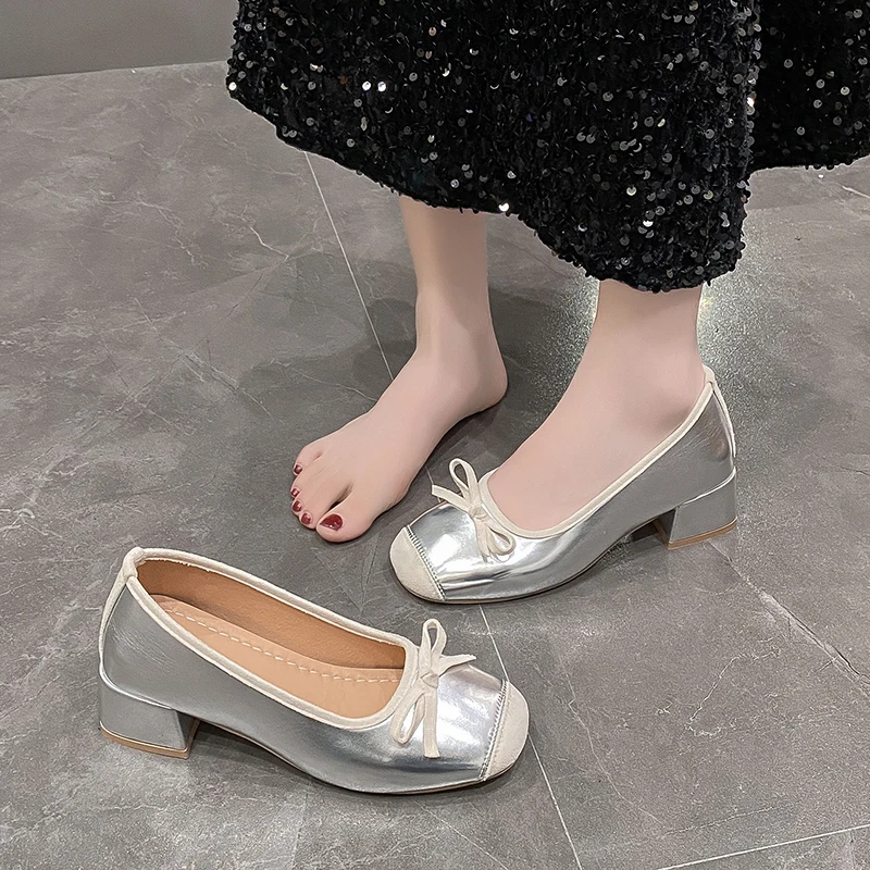 

2024 Elegant Silver Leather Butterfly-knot Mid Thick Heel Women Shoe Ladies Temperament Square Toe Slip on Mary Jane Shoes Pumps