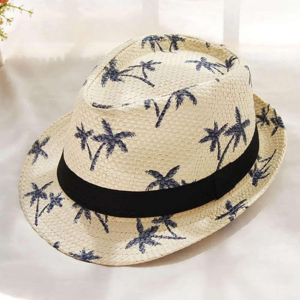 UV Protection Straw Hat Summer Wide Brim Coconut Trees Pattern Beach Cap Casual Travel Jazz Hat Children Kids