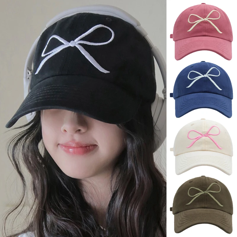 Bowknot Embroidered Baseball Cap Women Wide Brim Sunshade Sun Hat Korea Versatile Casual Cotton Peaked Cap Unisex Hip Hop Visors