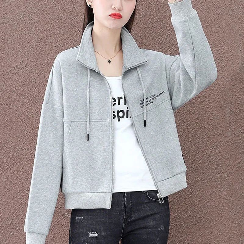 Autumn Winter New Women's Solid Color Stand Collar Drawstring Zipper Spliced Coats Fashion Simplicity Loose Casual Jackets Tops